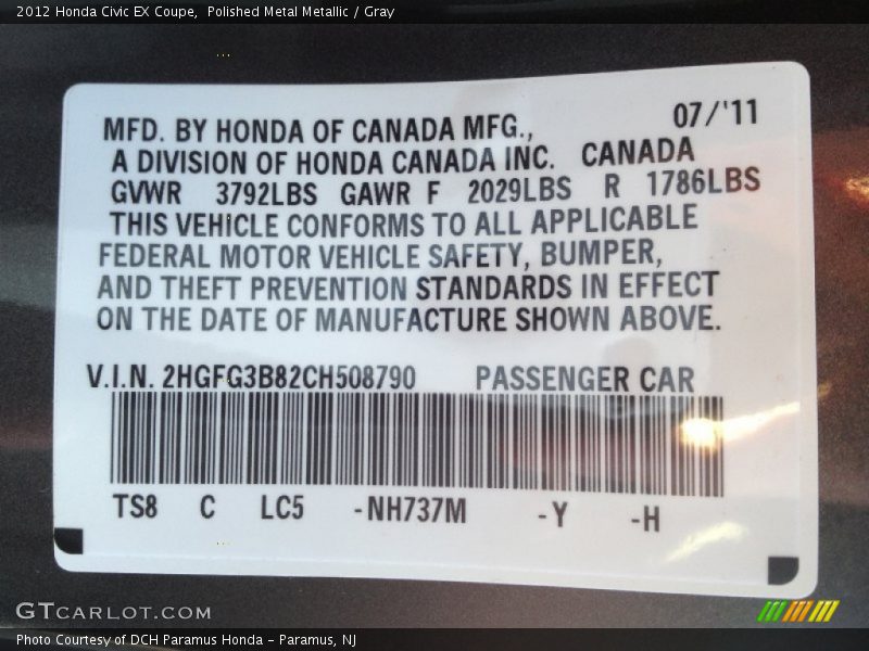 2012 Civic EX Coupe Polished Metal Metallic Color Code NH737M