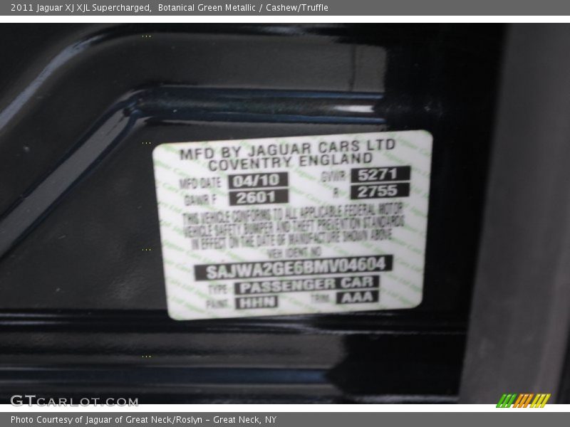 2011 XJ XJL Supercharged Botanical Green Metallic Color Code HHN