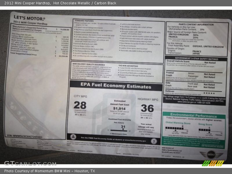  2012 Cooper Hardtop Window Sticker