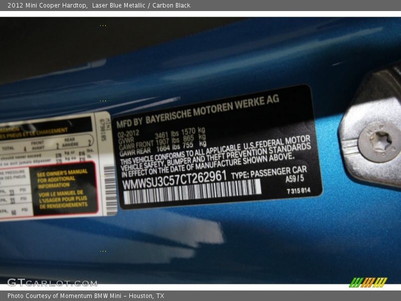 2012 Cooper Hardtop Laser Blue Metallic Color Code A59