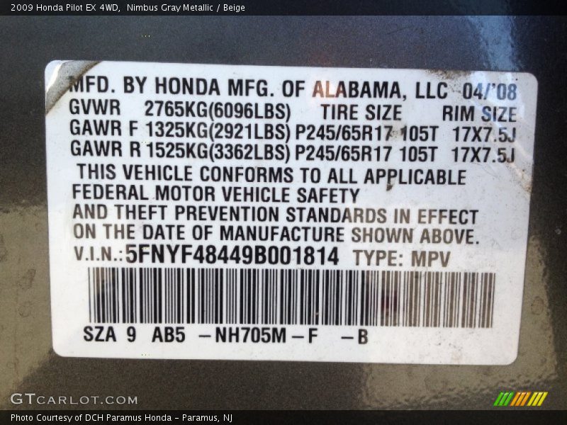 Nimbus Gray Metallic / Beige 2009 Honda Pilot EX 4WD
