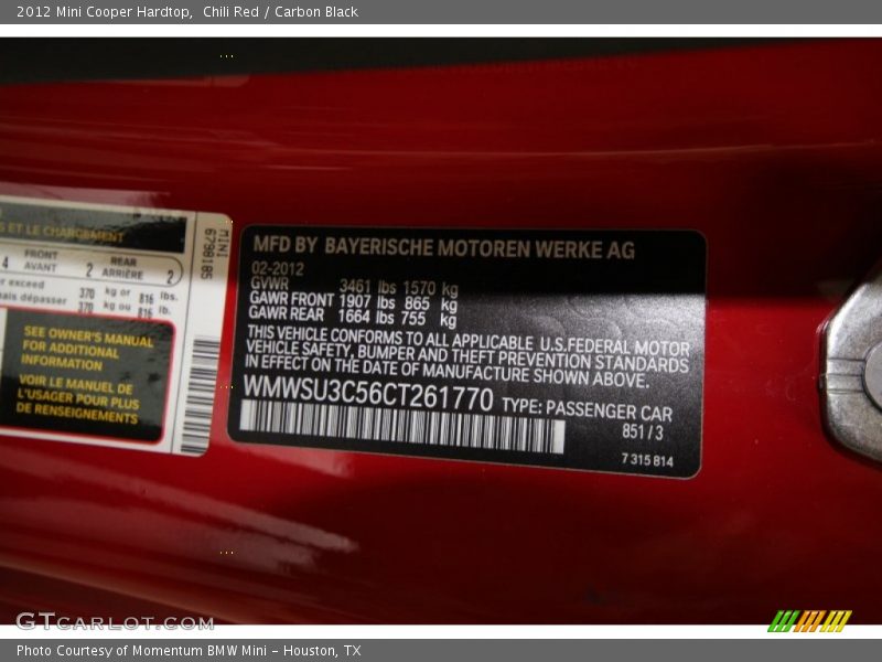2012 Cooper Hardtop Chili Red Color Code 851