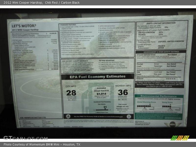  2012 Cooper Hardtop Window Sticker