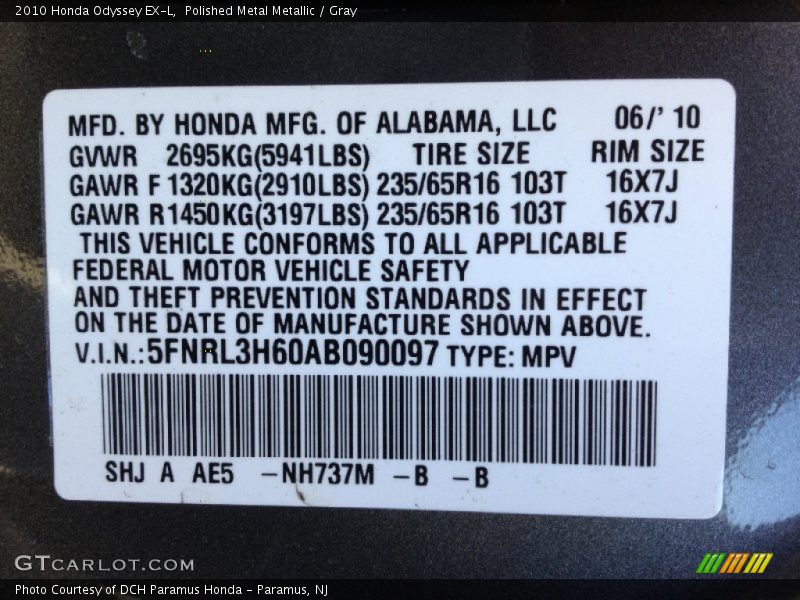 2010 Odyssey EX-L Polished Metal Metallic Color Code NH737M
