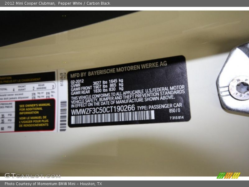 2012 Cooper Clubman Pepper White Color Code B50