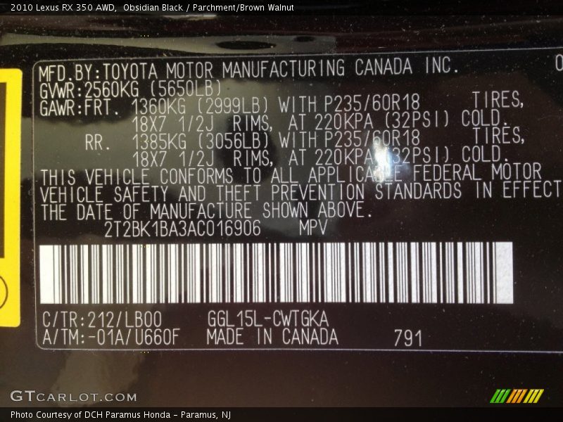 Obsidian Black / Parchment/Brown Walnut 2010 Lexus RX 350 AWD