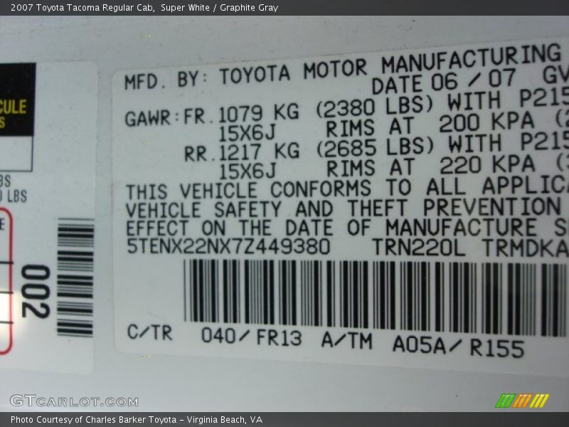 Super White / Graphite Gray 2007 Toyota Tacoma Regular Cab