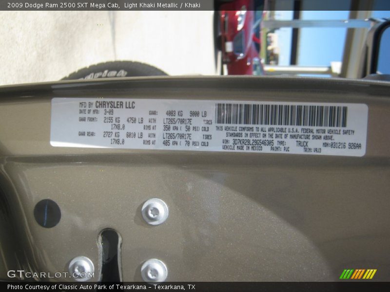 2009 Ram 2500 SXT Mega Cab Light Khaki Metallic Color Code PJC