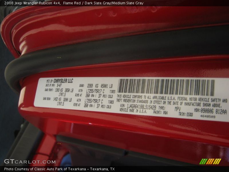 2008 Wrangler Rubicon 4x4 Flame Red Color Code PR4