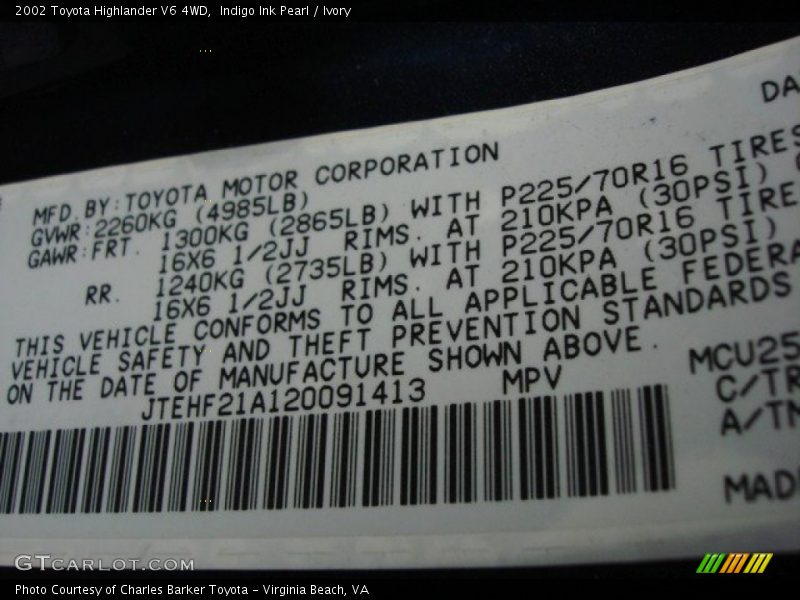 Indigo Ink Pearl / Ivory 2002 Toyota Highlander V6 4WD