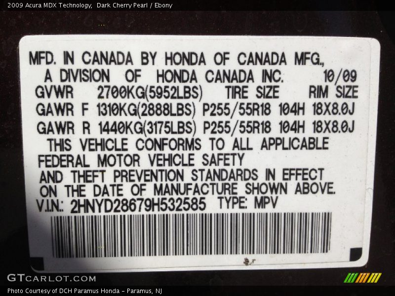 Dark Cherry Pearl / Ebony 2009 Acura MDX Technology