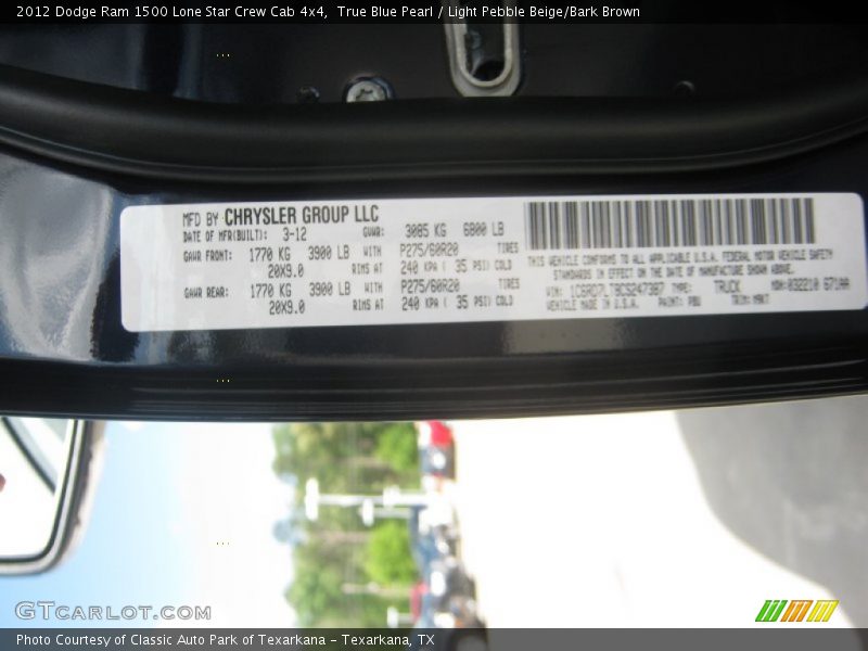 True Blue Pearl / Light Pebble Beige/Bark Brown 2012 Dodge Ram 1500 Lone Star Crew Cab 4x4