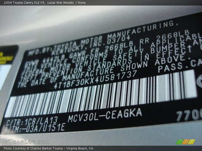 2004 Camry XLE V6 Lunar Mist Metallic Color Code 1C8