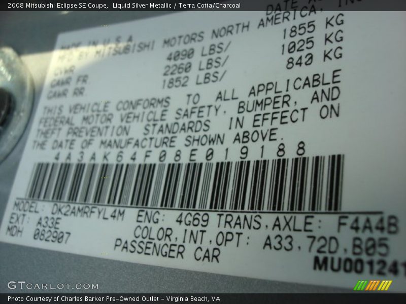 Liquid Silver Metallic / Terra Cotta/Charcoal 2008 Mitsubishi Eclipse SE Coupe