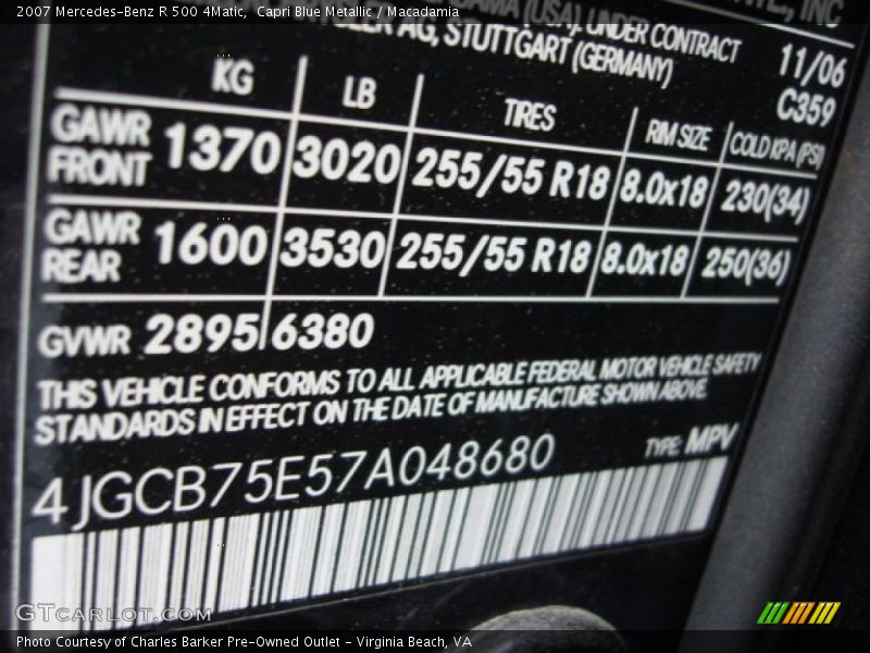 2007 R 500 4Matic Capri Blue Metallic Color Code 359