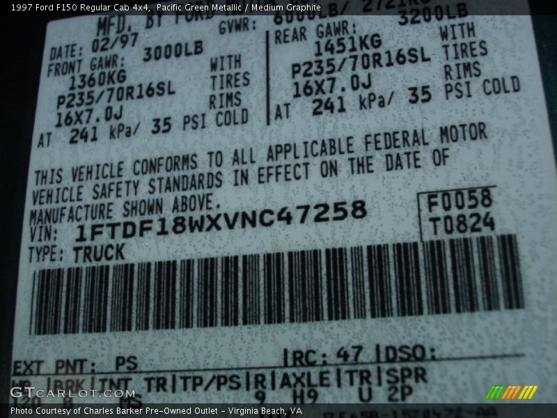 1997 F150 Regular Cab 4x4 Pacific Green Metallic Color Code PS