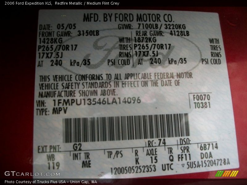 2006 Expedition XLS Redfire Metallic Color Code G2
