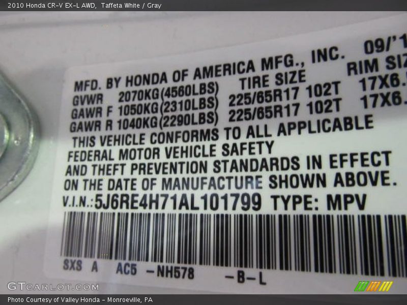 Taffeta White / Gray 2010 Honda CR-V EX-L AWD