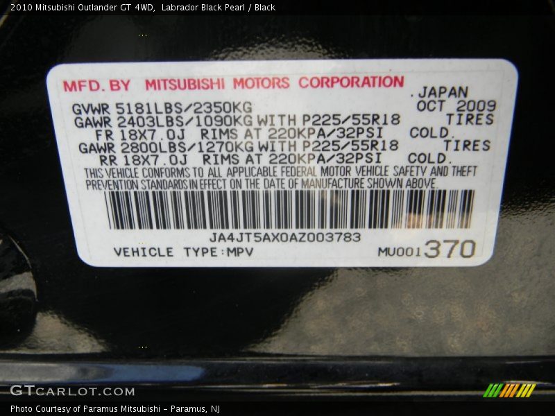 Labrador Black Pearl / Black 2010 Mitsubishi Outlander GT 4WD