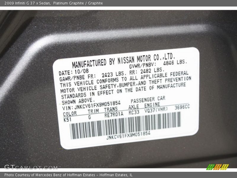 Platinum Graphite / Graphite 2009 Infiniti G 37 x Sedan