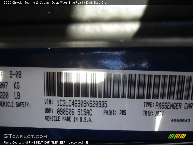 Deep Water Blue Pearl / Dark Slate Gray 2009 Chrysler Sebring LX Sedan