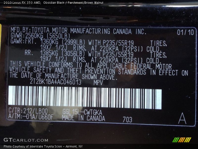 Obsidian Black / Parchment/Brown Walnut 2010 Lexus RX 350 AWD