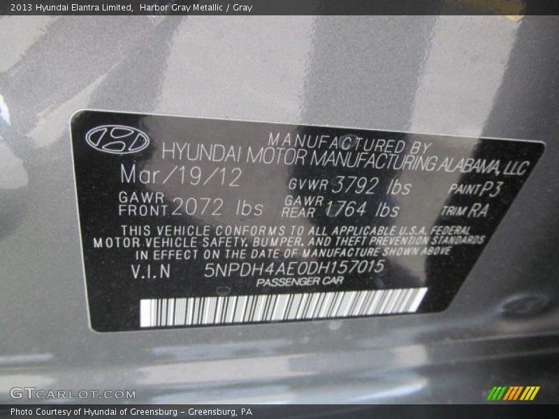Harbor Gray Metallic / Gray 2013 Hyundai Elantra Limited