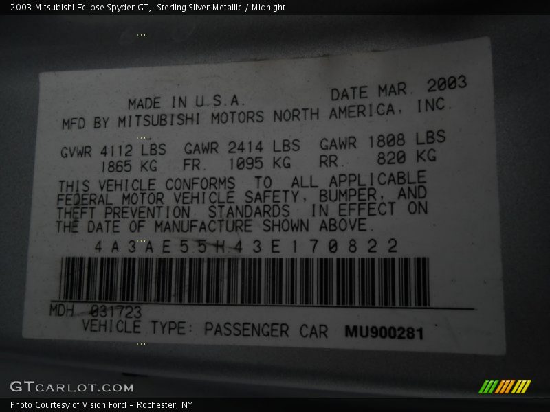 Sterling Silver Metallic / Midnight 2003 Mitsubishi Eclipse Spyder GT