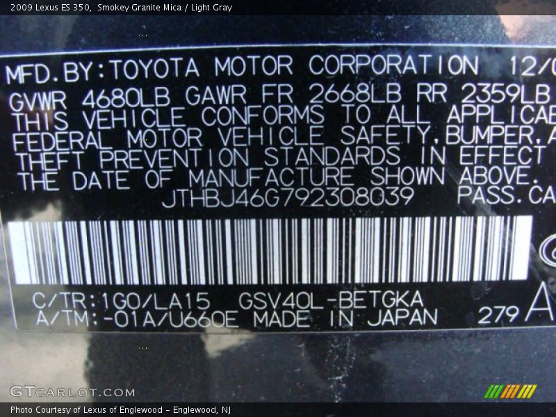 Smokey Granite Mica / Light Gray 2009 Lexus ES 350