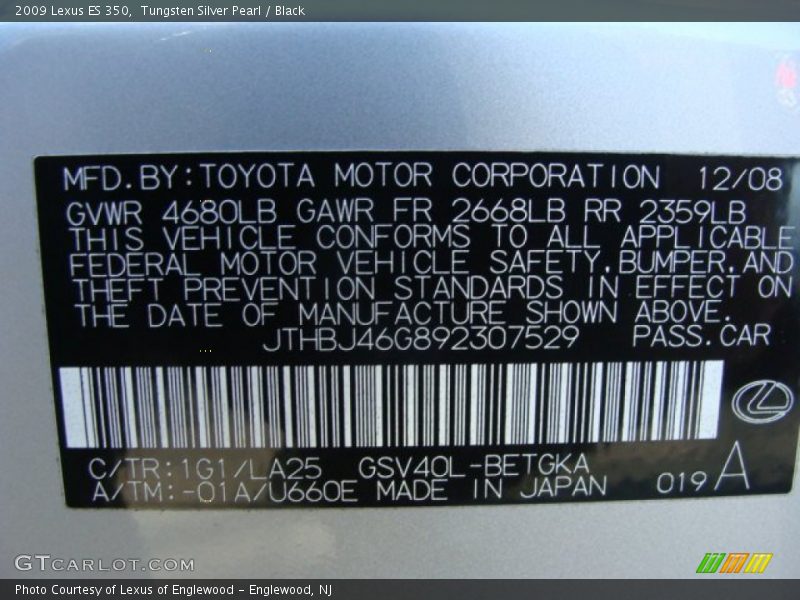 Tungsten Silver Pearl / Black 2009 Lexus ES 350