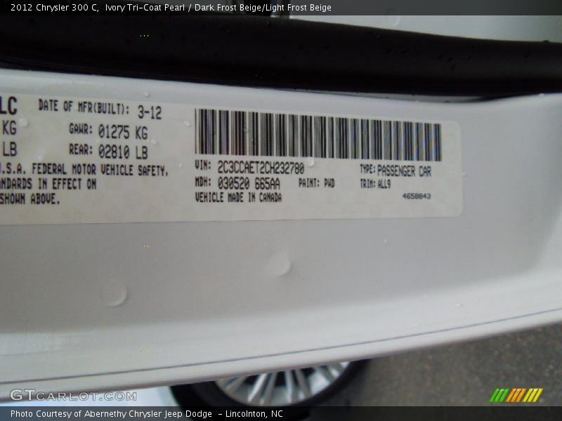 Ivory Tri-Coat Pearl / Dark Frost Beige/Light Frost Beige 2012 Chrysler 300 C