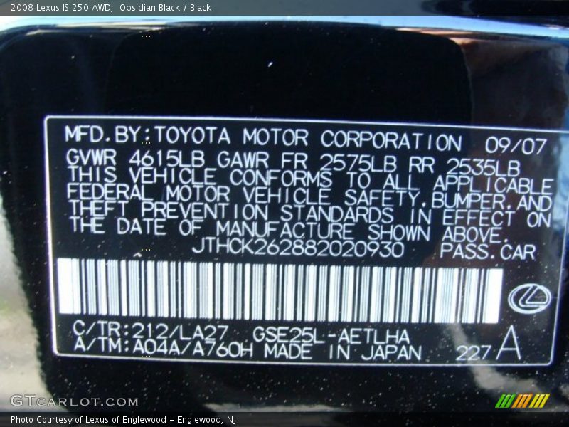 Obsidian Black / Black 2008 Lexus IS 250 AWD
