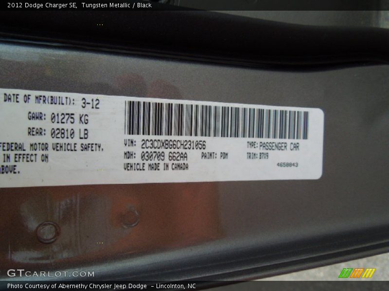 2012 Charger SE Tungsten Metallic Color Code PDM