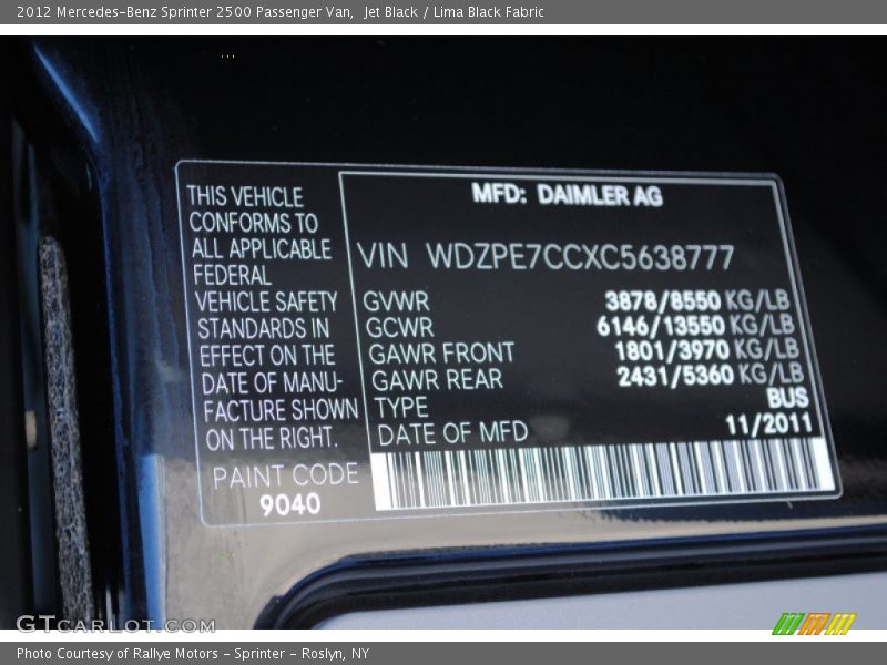 Jet Black / Lima Black Fabric 2012 Mercedes-Benz Sprinter 2500 Passenger Van