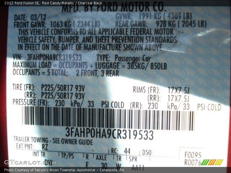 Red Candy Metallic / Charcoal Black 2012 Ford Fusion SE