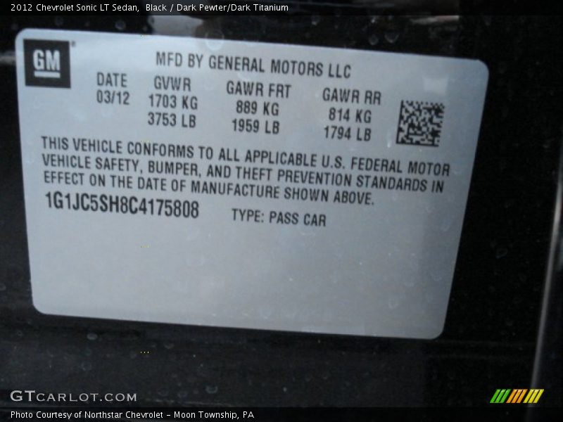 Black / Dark Pewter/Dark Titanium 2012 Chevrolet Sonic LT Sedan