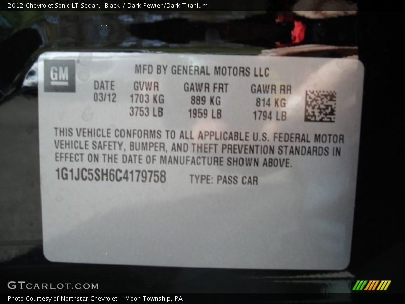 Black / Dark Pewter/Dark Titanium 2012 Chevrolet Sonic LT Sedan