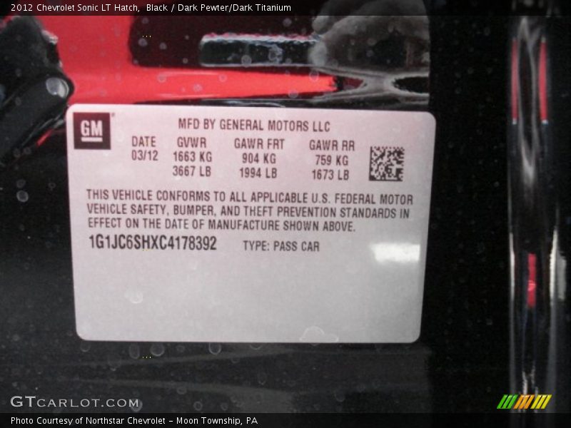 Black / Dark Pewter/Dark Titanium 2012 Chevrolet Sonic LT Hatch