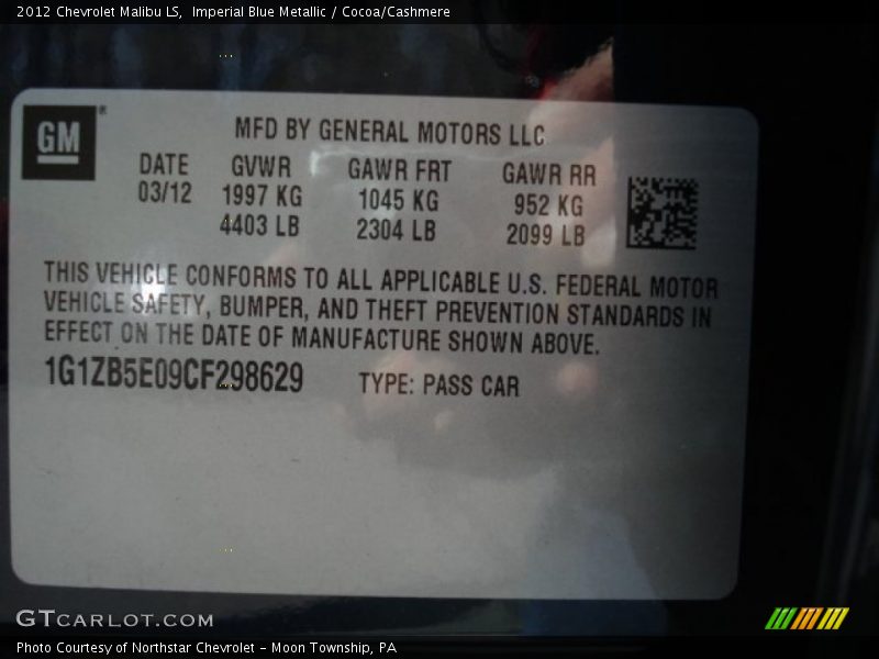 Imperial Blue Metallic / Cocoa/Cashmere 2012 Chevrolet Malibu LS