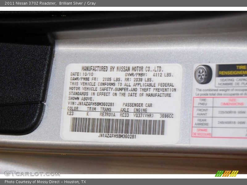 2011 370Z Roadster Brilliant Silver Color Code K23
