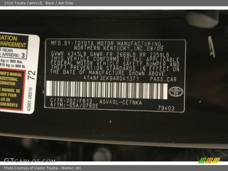 Black / Ash Gray 2010 Toyota Camry LE
