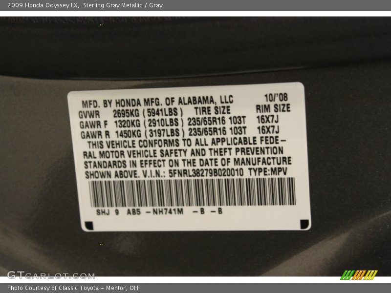 Sterling Gray Metallic / Gray 2009 Honda Odyssey LX