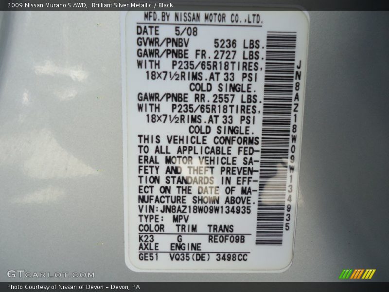 Brilliant Silver Metallic / Black 2009 Nissan Murano S AWD
