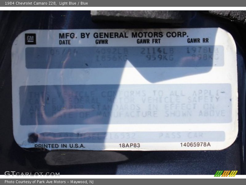 Info Tag of 1984 Camaro Z28