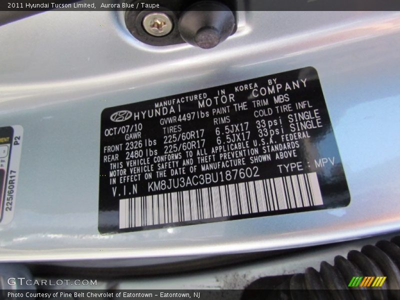 Aurora Blue / Taupe 2011 Hyundai Tucson Limited