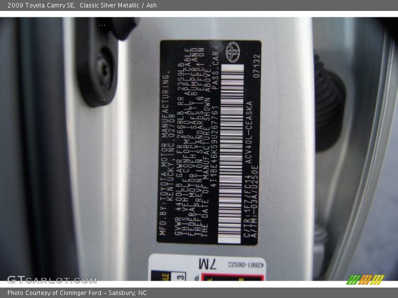 Classic Silver Metallic / Ash 2009 Toyota Camry SE