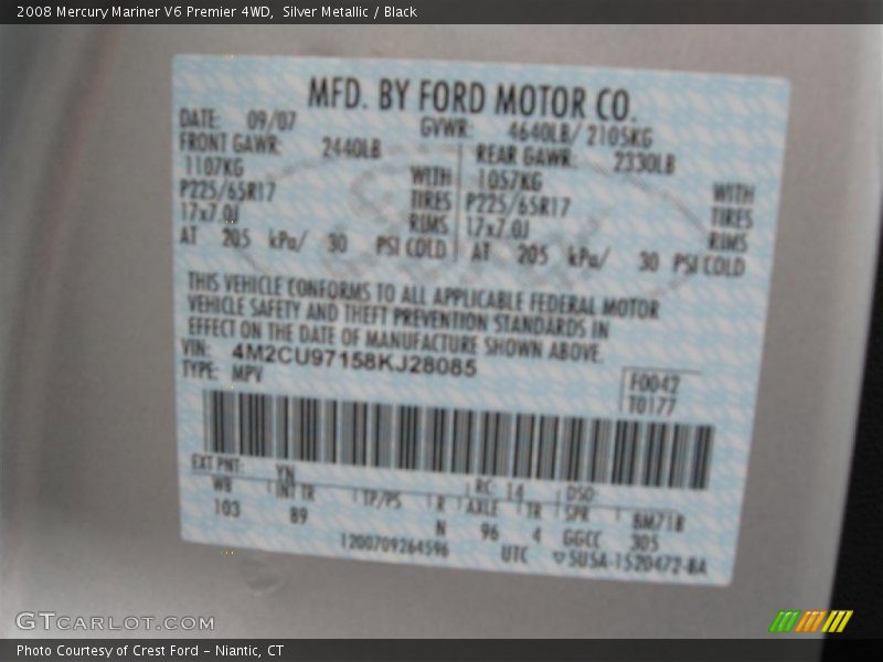 Silver Metallic / Black 2008 Mercury Mariner V6 Premier 4WD