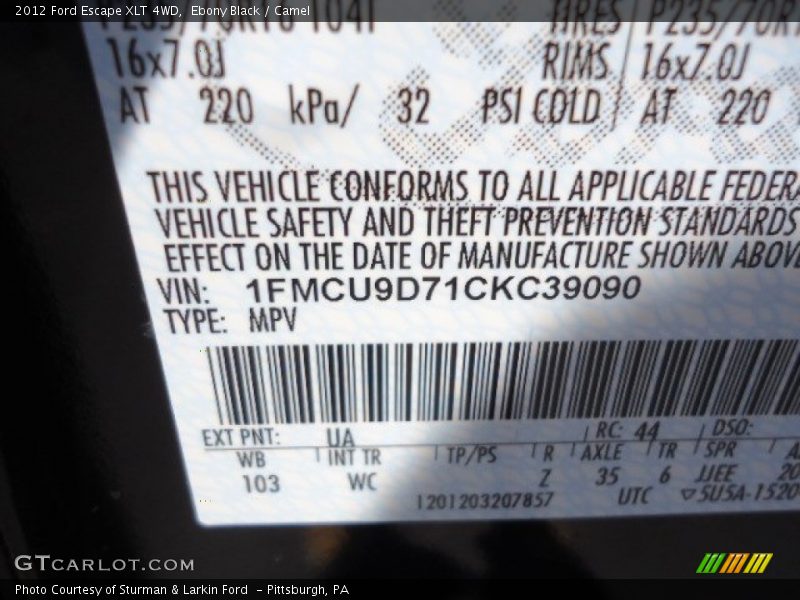 Ebony Black / Camel 2012 Ford Escape XLT 4WD