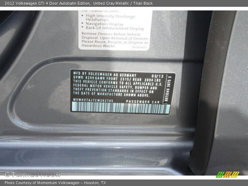 United Gray Metallic / Titan Black 2012 Volkswagen GTI 4 Door Autobahn Edition