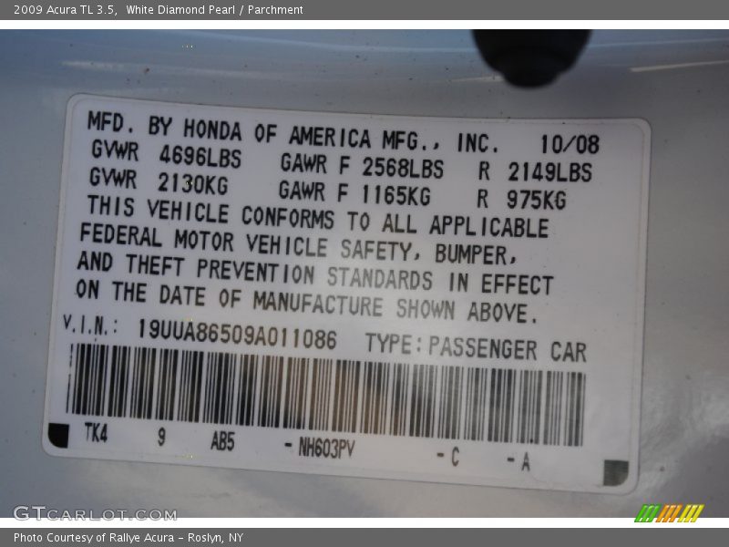 White Diamond Pearl / Parchment 2009 Acura TL 3.5
